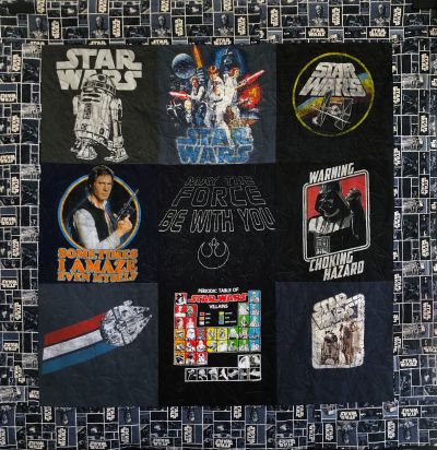 Star Wars-themed fabric squares with iconic characters and logos.