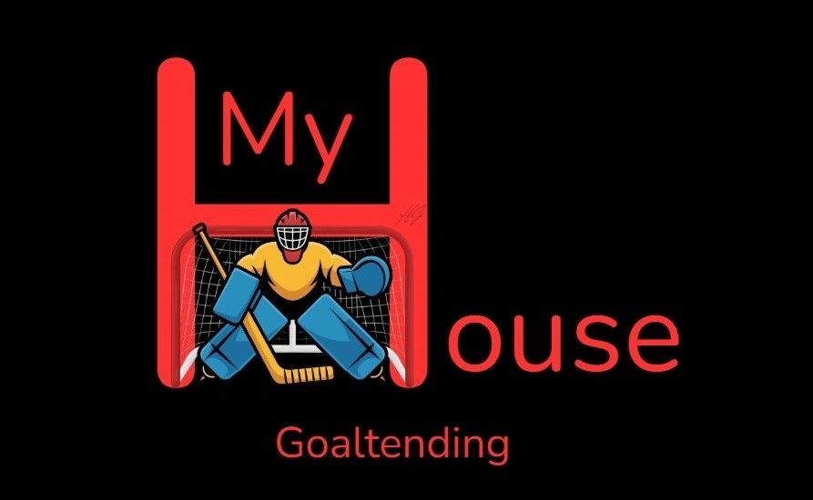 A hockey goalie inside a stylized red goalpost forming the letter 'H' in the phrase 'My House'.