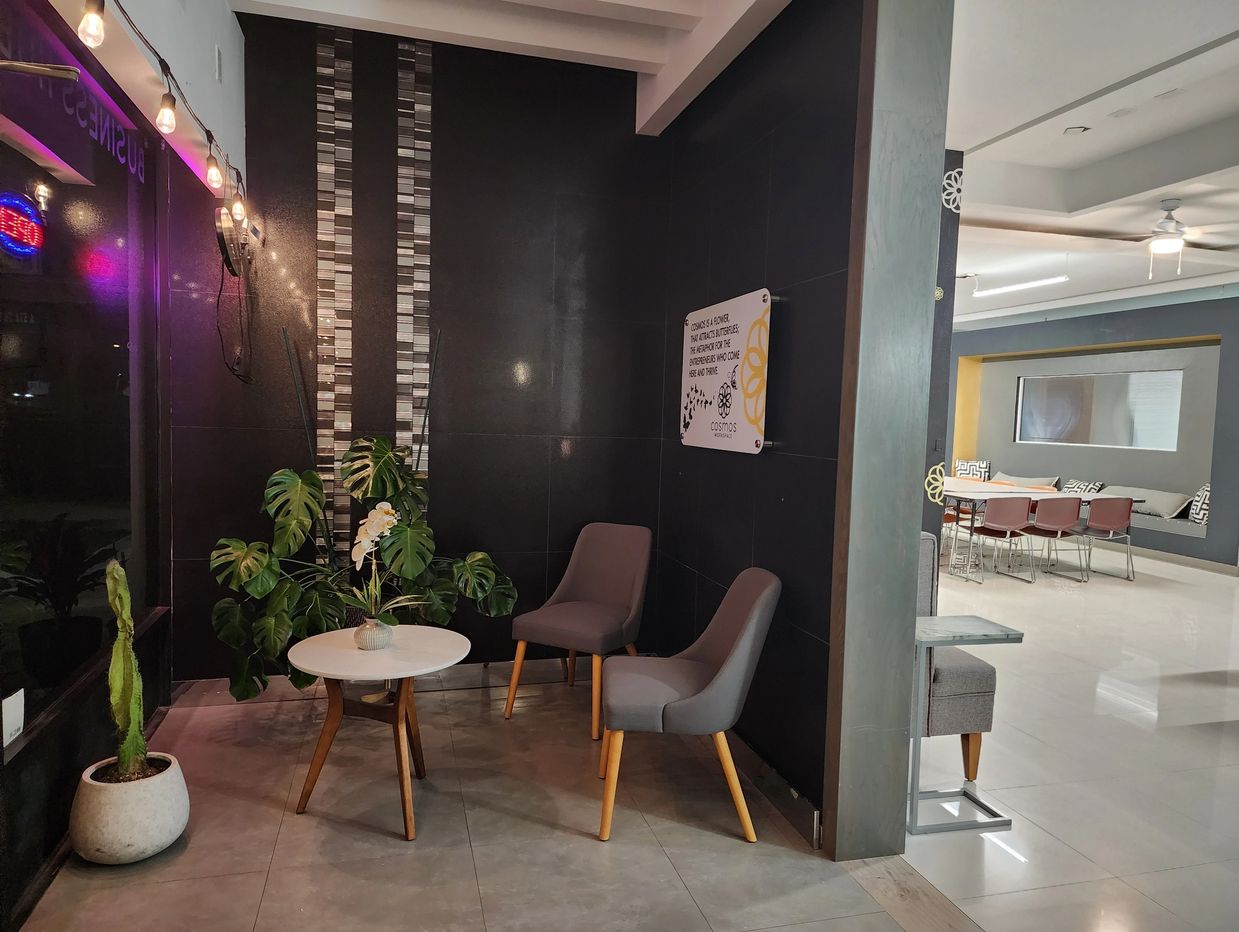 Lobby seating area with view to community coworking
