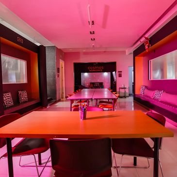 Community coworking space with tables and chairs