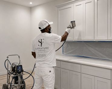 Man spray painting white kitchen cabinets.