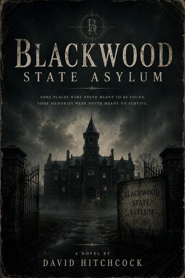 Dark, eerie cover of Blackwood State Asylum novel by David Hitchcock.