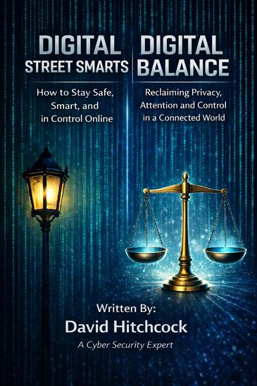 Book cover featuring digital safety and privacy themes by David Hitchcock.