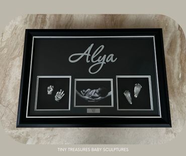 Large name frame - Baby hand and foot casting with large name.
