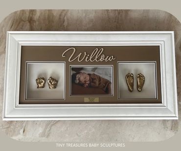 Small name frame - Baby hand and foot casting with small name. (Priced at $485)