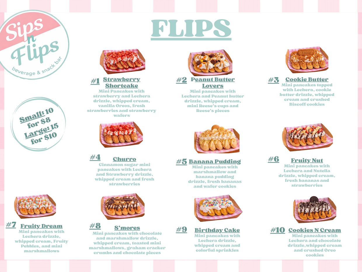 Menu of 10 mini pancake flavors with various toppings and prices at Sips n Flips.