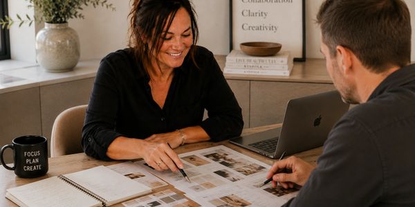 Creative branding consultation meeting with owner Melissa Gomeau reviewing strategy and design mater