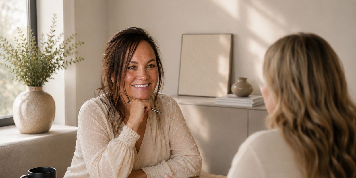 Owner Melissa Gomeau meeting with client in warm modern office during strategy consultation