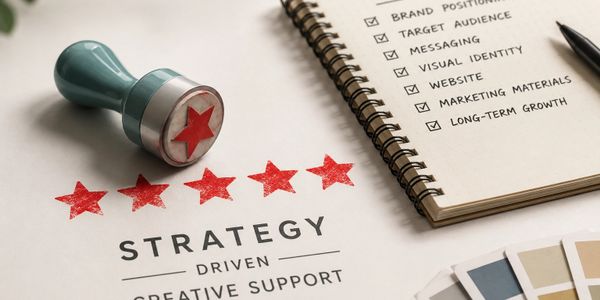 Red star quality stamp beside branding strategy notebook and creative planning materials