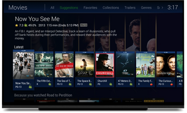 Movie interface showing 'Now You See Me' and related suggestions.
