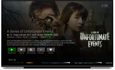 A Series of Unfortunate Events TV show screen with details and watch options.