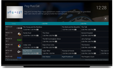 TV guide showing children's and adult shows including Peg Plus Cat at 12:30 PM.
