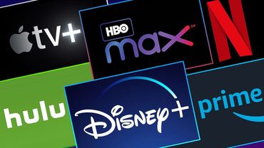 Logos of popular streaming services including Netflix, Disney+, and HBO Max.