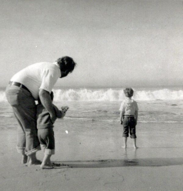 A man and two children at the beach, one child looking at the waves.