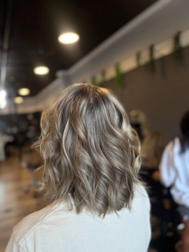 Wavy medium-length blonde hair from the back.