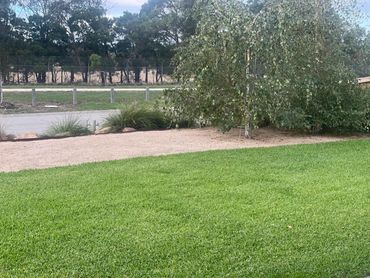 A green lawn with trees and a gravel pathway in a park-like setting.