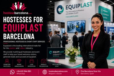 Professional hostess at the Equiplast Barcelona trade fair booth, welcoming visitors.