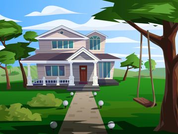 Cartoon image of a house along with trees