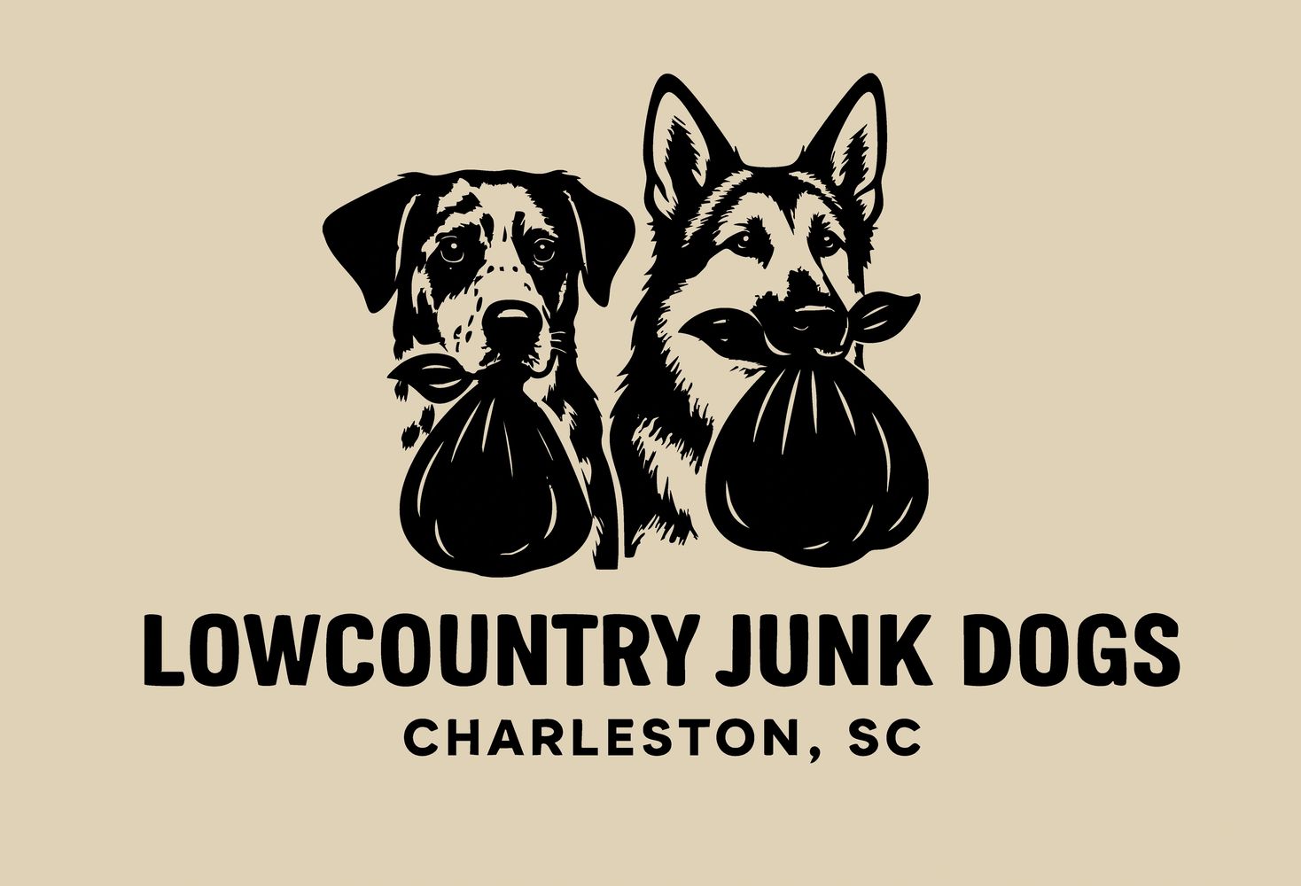 Logo of two dogs holding trash bags with text Lowcountry Junk Dogs, Charleston SC.