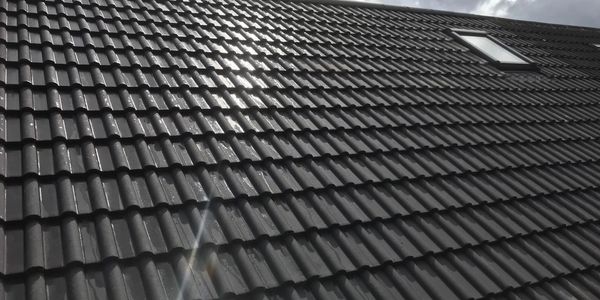 Close-up of black tiled roof with a skylight.