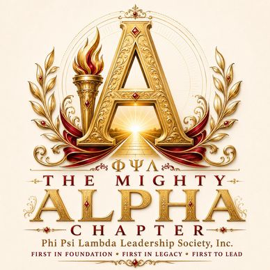 Ornate golden Alpha symbol with torch, laurel wreaths, and text for Phi Psi Lambda Leadership Society.