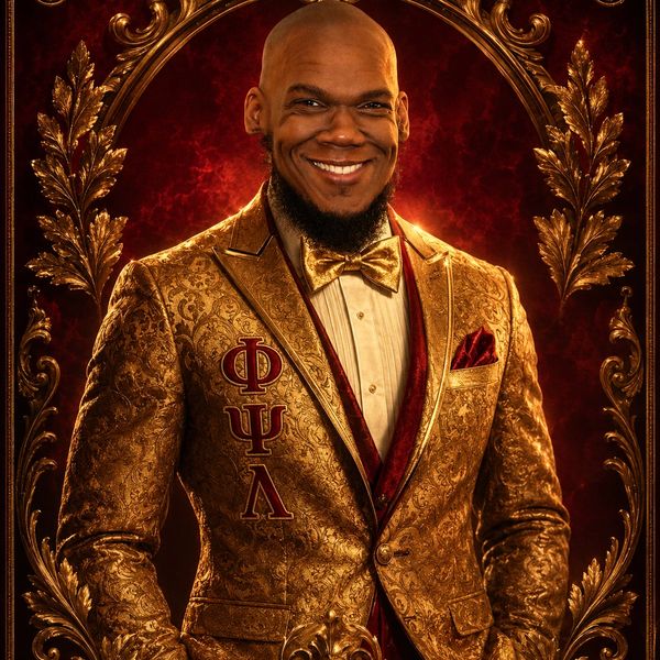 Man in ornate gold suit with Greek letters posing confidently.