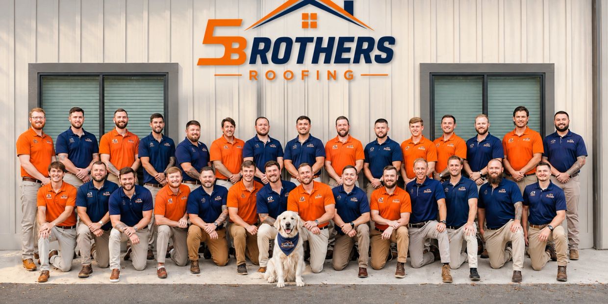 Team photo of 5 Brothers Roofing employees with a dog.