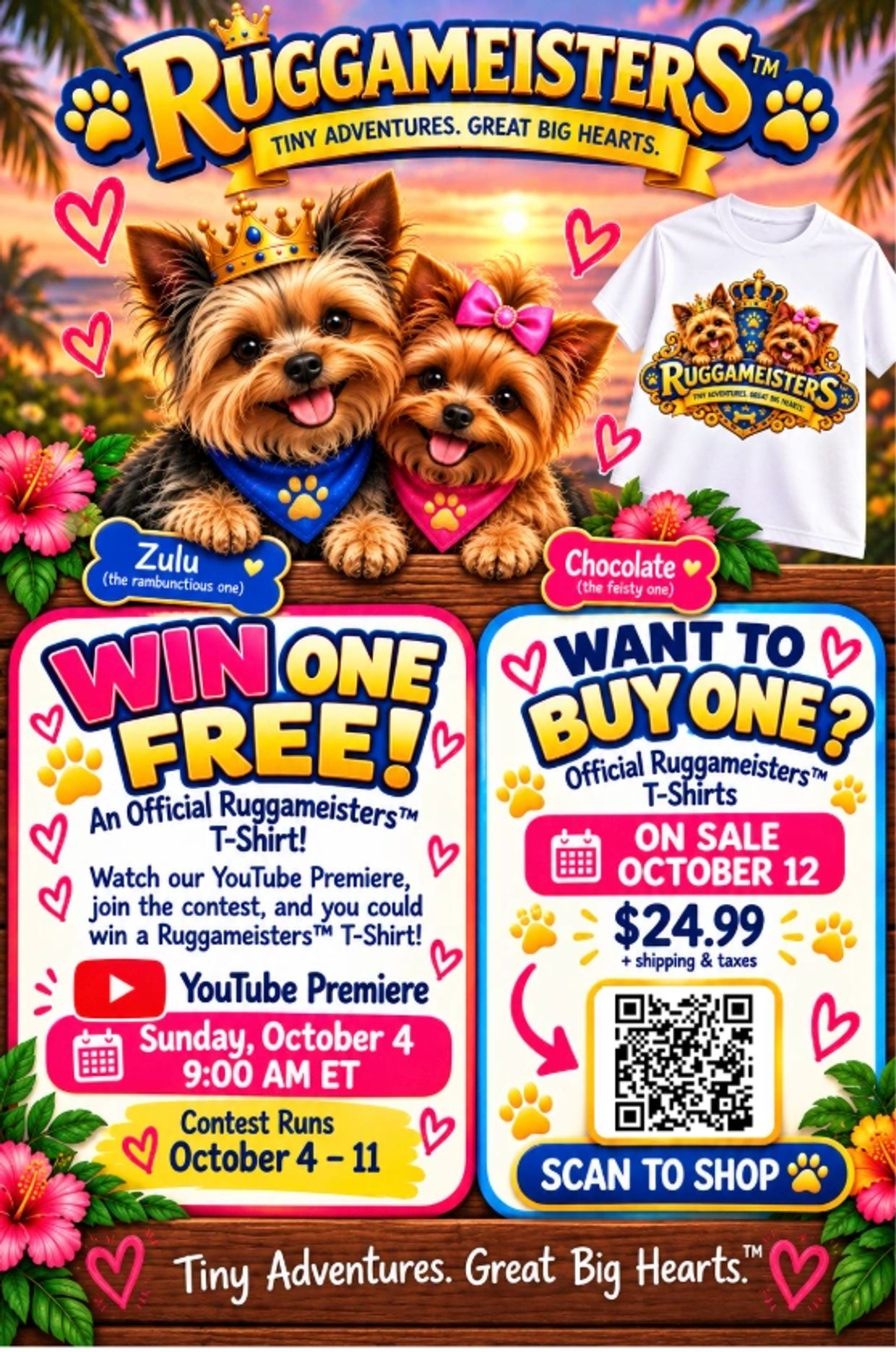 Ruggameisters™ Music Video Premiere Launch Contest to win T-shirts featuring cute dogs Zulu & Chocolate, with T-shirts available to buy after the contest.