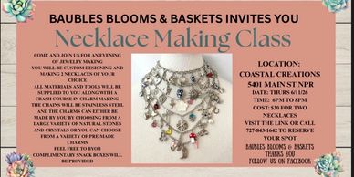 Invitation to a necklace making class with materials provided and complimentary snacks.