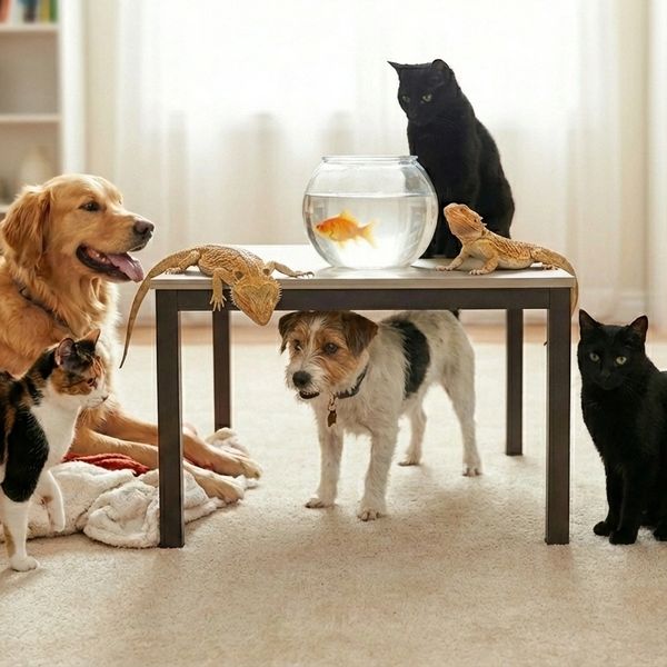 2 dogs, 1 under the table, 3 cats, 1 on the table, 2 bearded dragons and a gold fish in a bowl