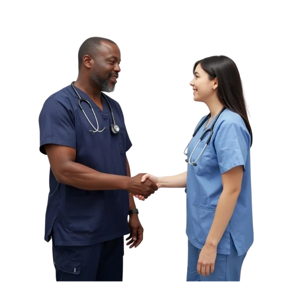 Older male veterinarian shaking the hand of a younger female veterinarian both are dressed in scrubs