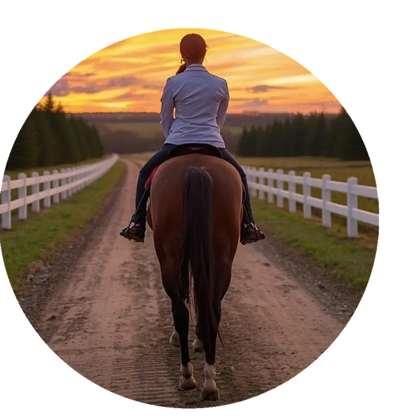 Woman riding a quarter horse down a dirt road into the sunset.