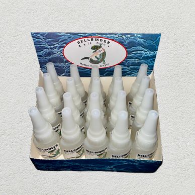 Box of Hellbinder bait glue bottles for fishing.