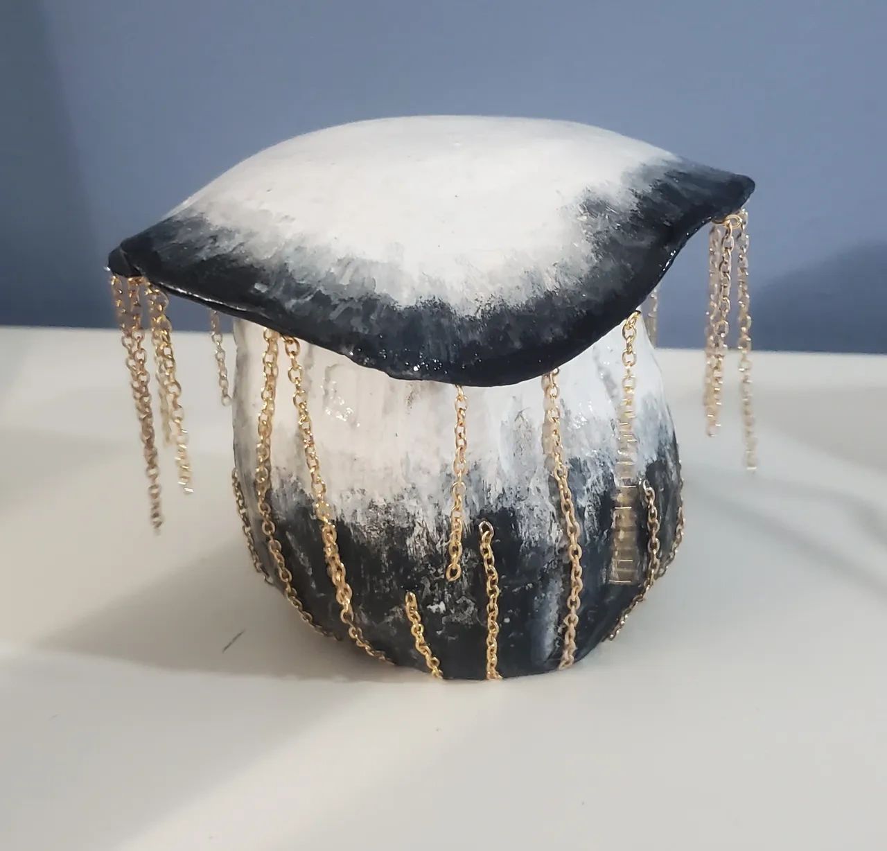 Inkcap Mushroom trinket Box
Polymer Clay, Gold Chains, Acrylic Paint
2022