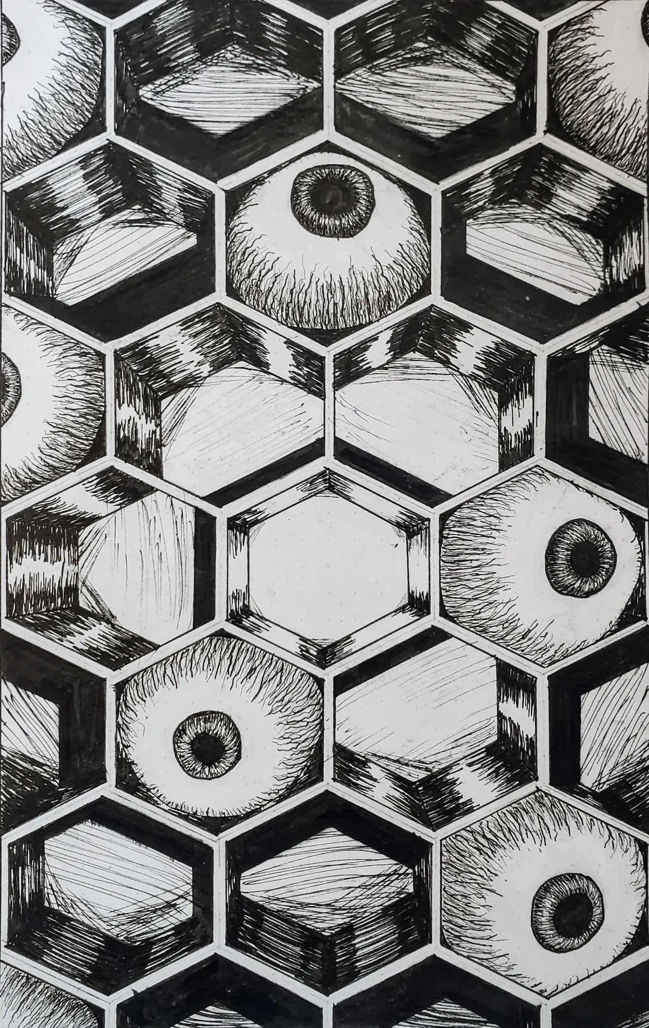 Wait, where are the bees???
Ink on Paper
7.5in x 4.75in
2023
A creepy take on honeycomb.