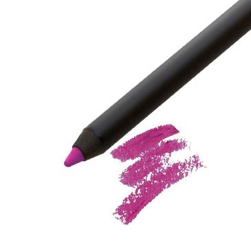 A black eyeliner pencil with vibrant magenta color tip and swatch.
