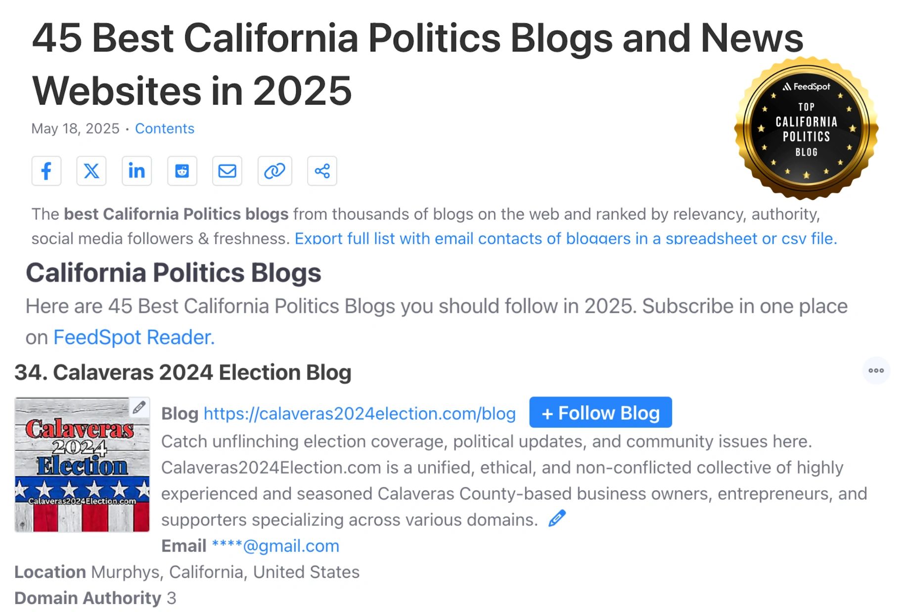 Feedspot.com designates Calaveras2026Election.com one of California's Top 45  Politics Blogs.