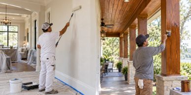 Two men painting walls and wooden beams.