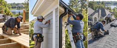 Workers performing home improvement tasks outdoors.