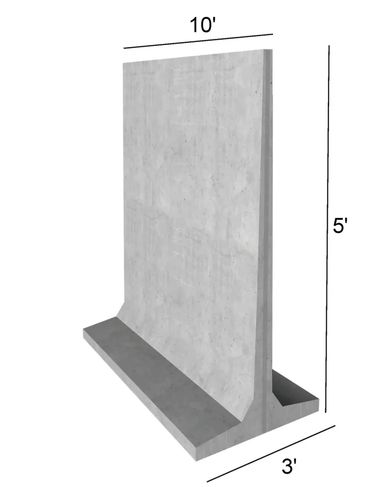 3D illustration of a concrete wall section, measuring 10' high, 5' wide, and 3' deep