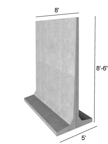 3D rendering of a concrete wall with dimensions: 8' height, 5' base width, and 8'6" top width