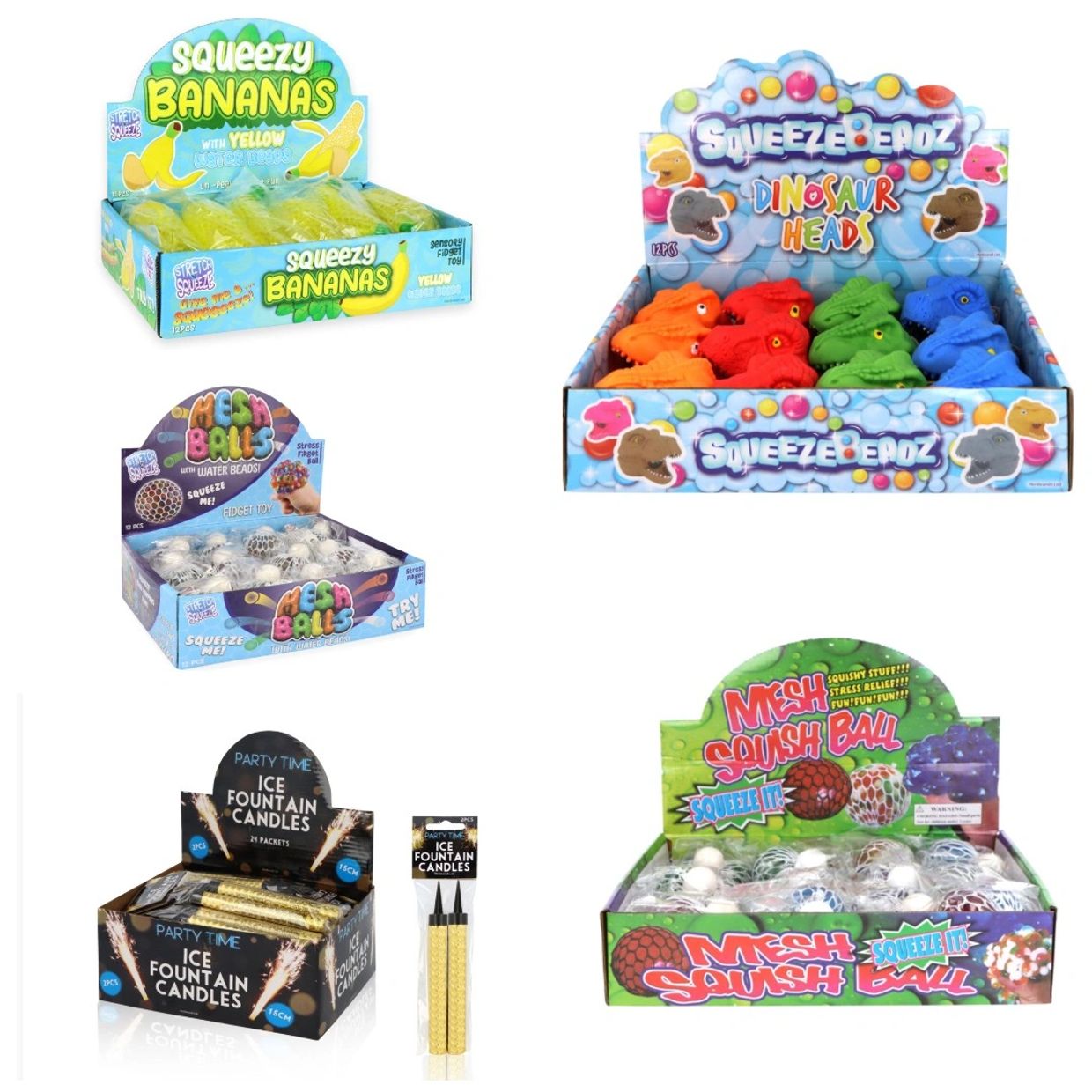 Variety of colorful stress relief toys and party candles in display boxes.