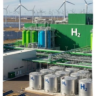 Hydrogen production facility with wind turbines in the background.