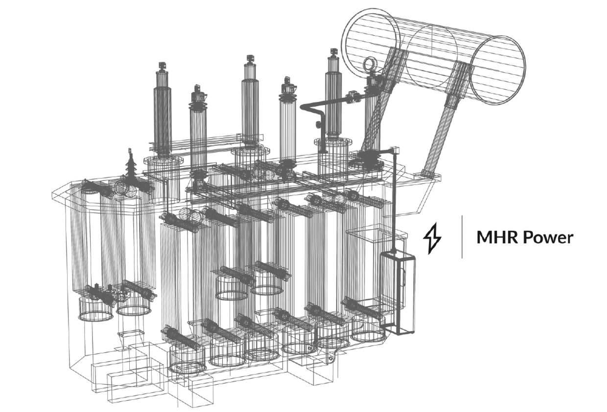 Wireframe diagram of an MHR Power transformer.