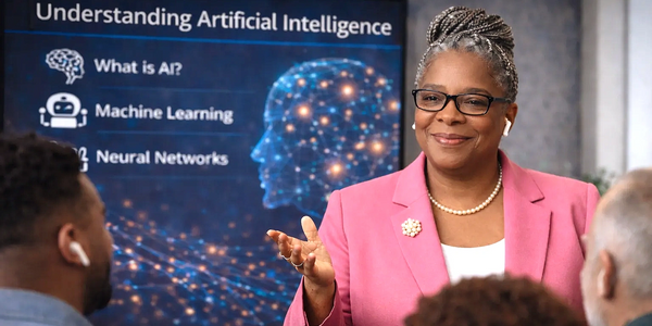 Woman in pink blazer teaching about artificial intelligence to a group.