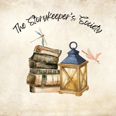 Books, lantern, and dragonflies with text The Storykeeper's Society.