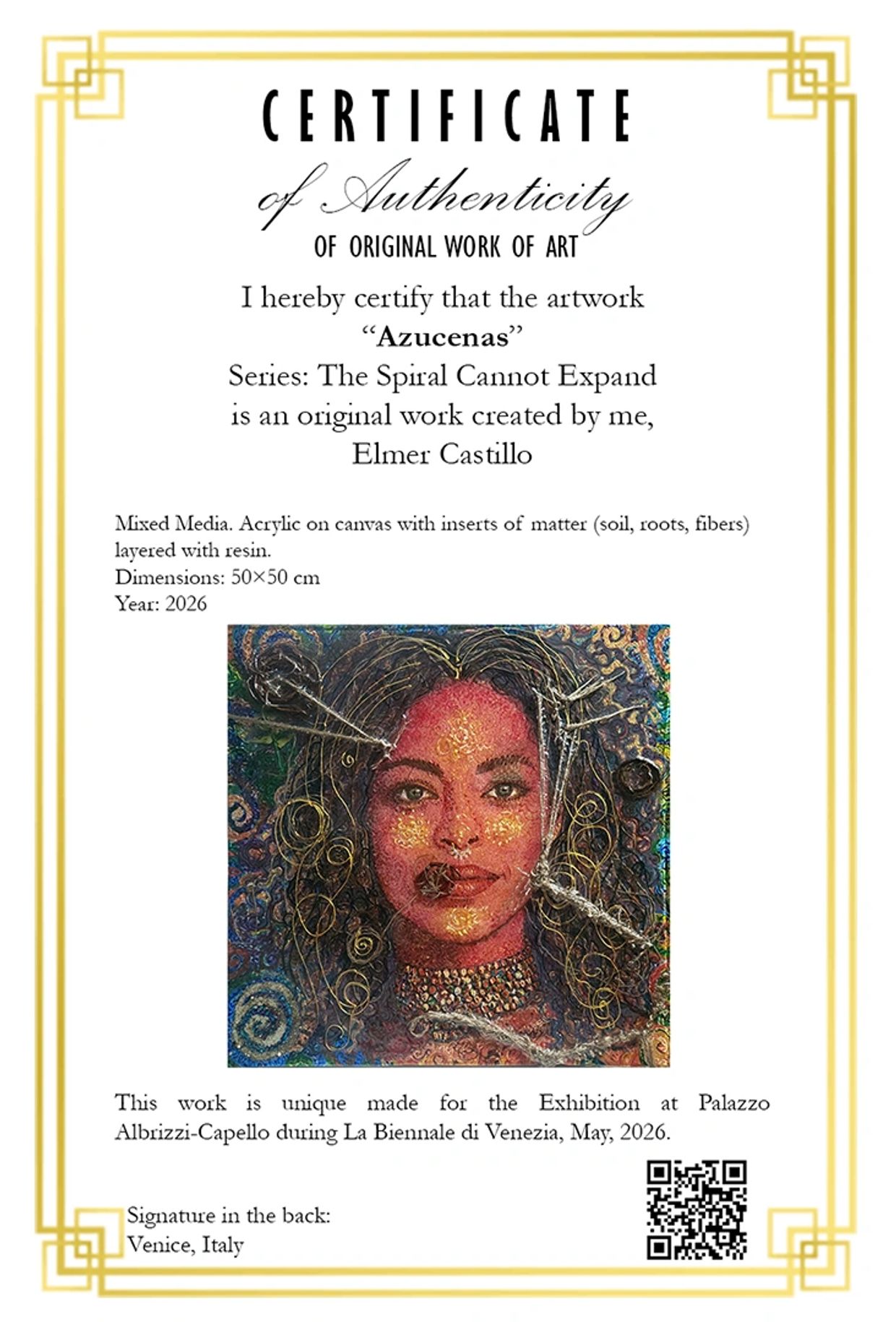 Certificate of authenticity for the artwork 'Azucenas' by Elmer Castillo, 2026.