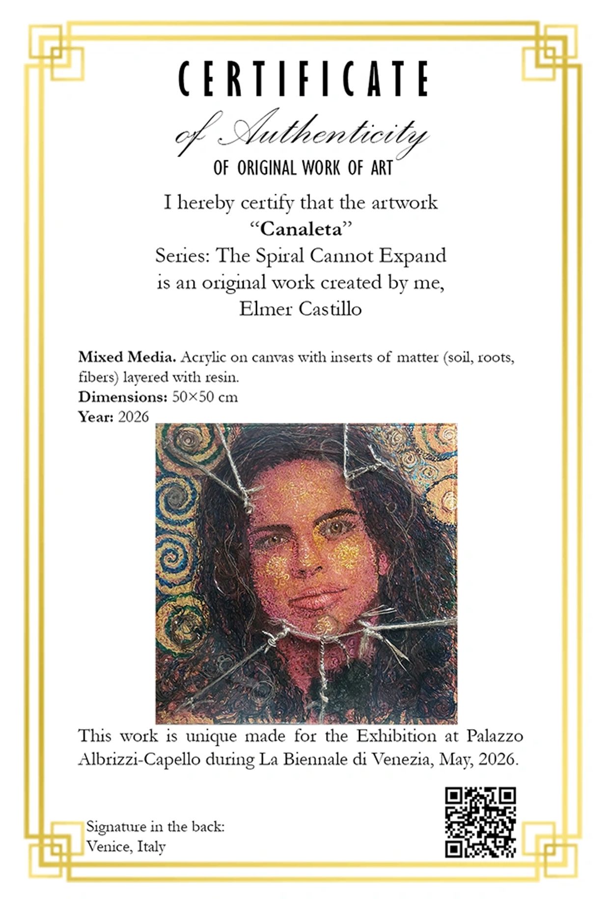 Certificate of authenticity for artwork "Canaleta" by Elmer Castillo, 2026.
