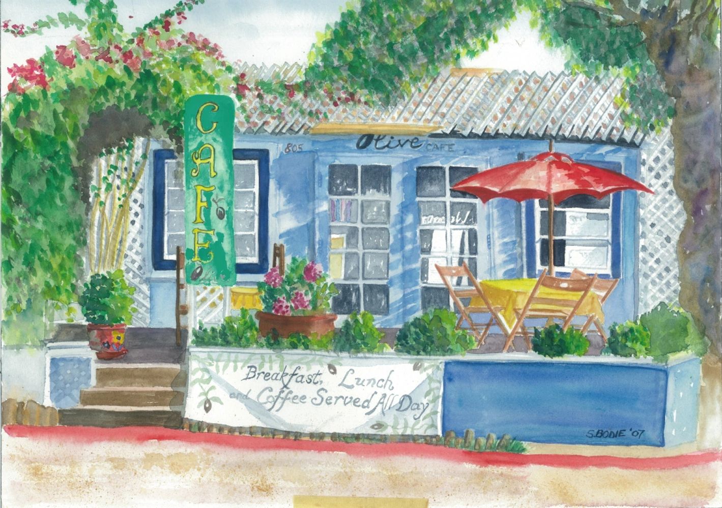 An colorful drawing of Olive Cafe