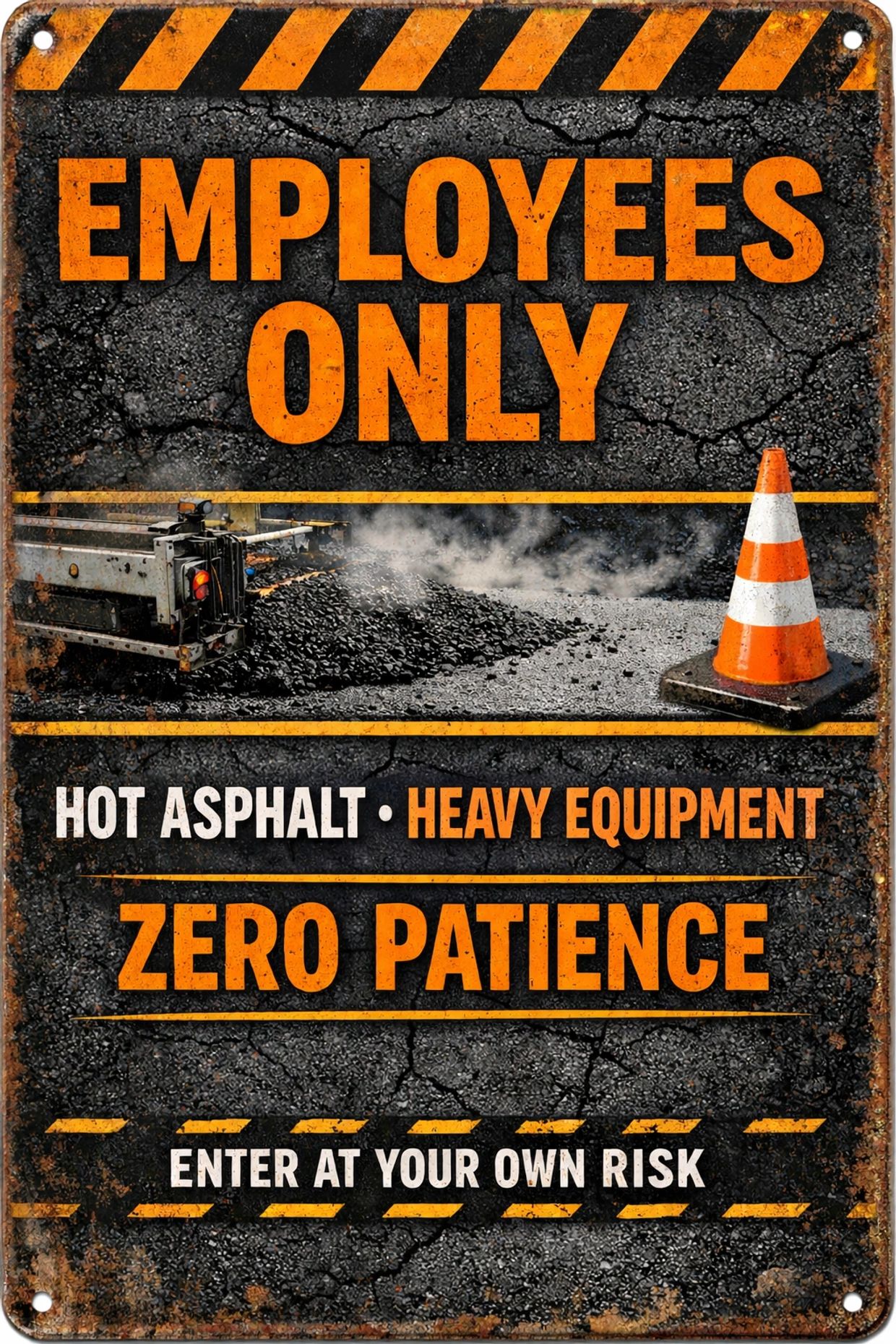 Warning sign restricting access to employees only with hot asphalt and heavy equipment hazards.